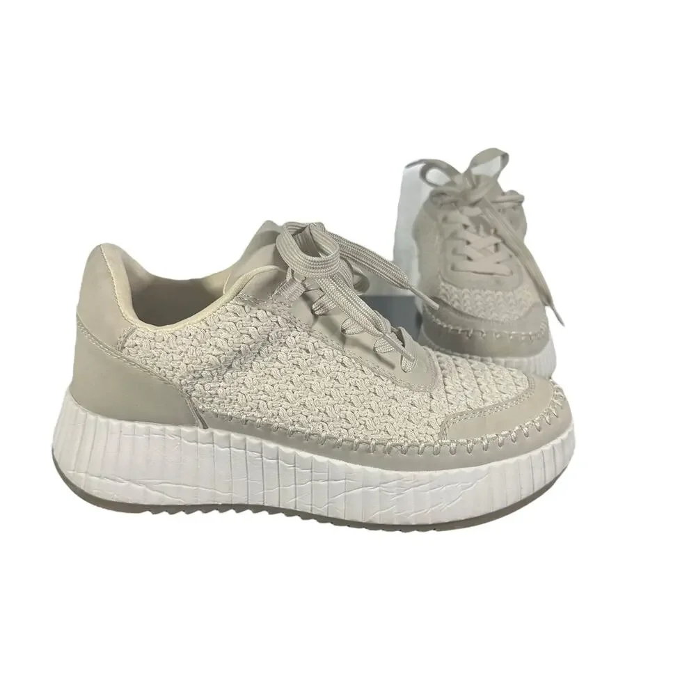 Dolce Vita Women’s Beige Woven Platform Sneakers 8.5 Casual Lace-Up Shoes